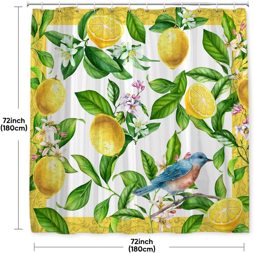Lemon Green Shower Curtain - Summer Fruit and Leaves with Bird Ornament Design
