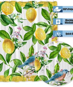 Lemon Green Shower Curtain - Summer Fruit and Leaves with Bird Ornament Design