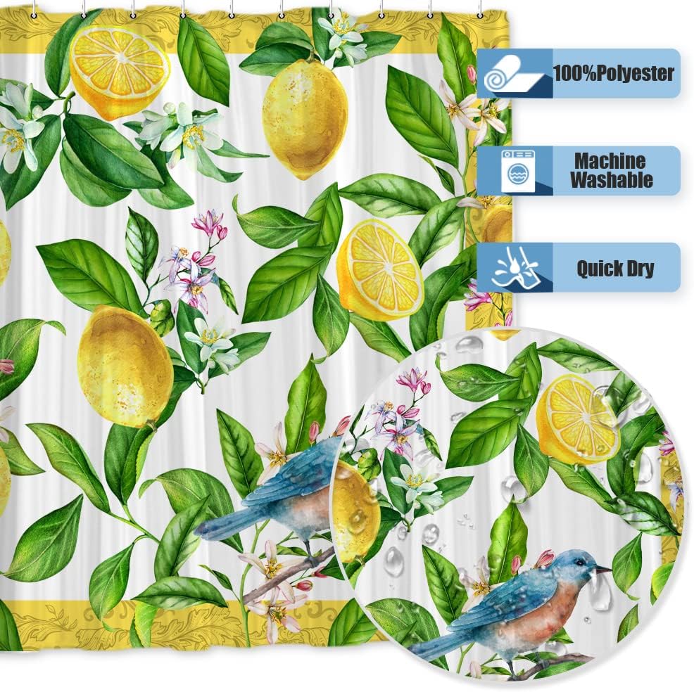 Lemon Green Shower Curtain - Summer Fruit and Leaves with Bird Ornament Design