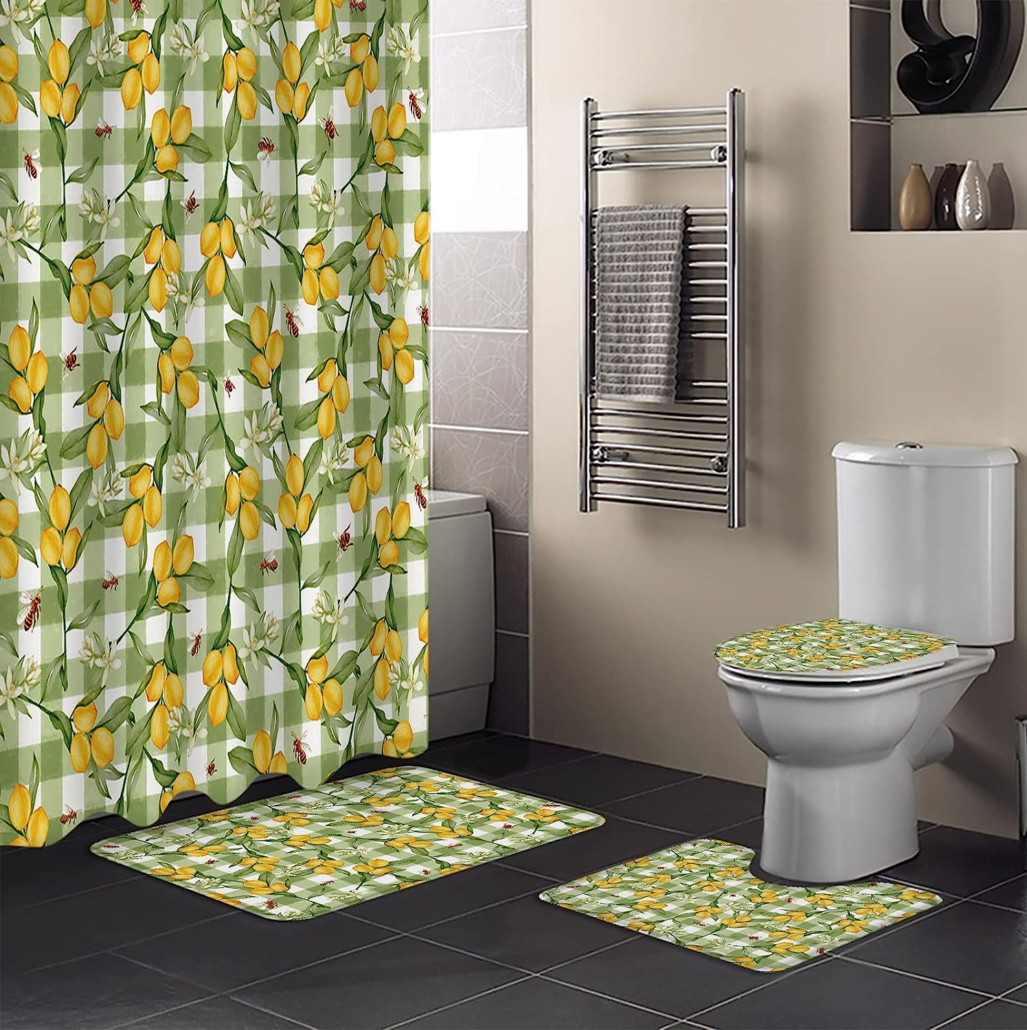 Lemon Leaves Green White Buffalo Plaid Vintage Shower Curtain