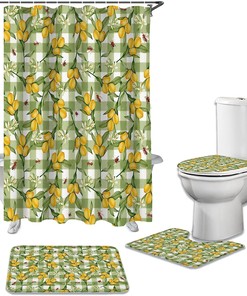 Lemon Leaves Green White Buffalo Plaid Vintage Shower Curtain