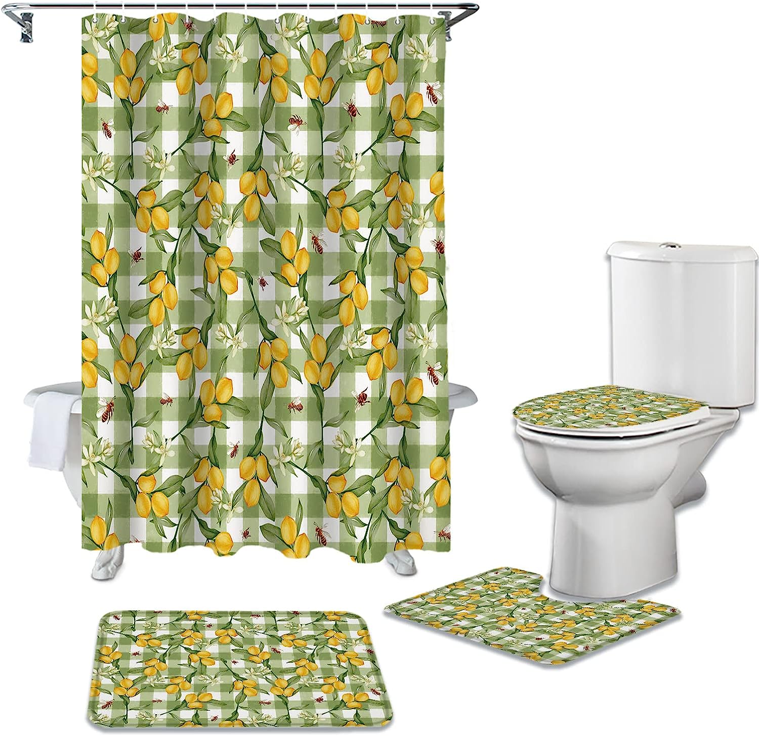 Lemon Leaves Green White Buffalo Plaid Vintage Shower Curtain