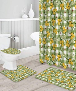 Lemon Leaves Green White Buffalo Plaid Vintage Shower Curtain