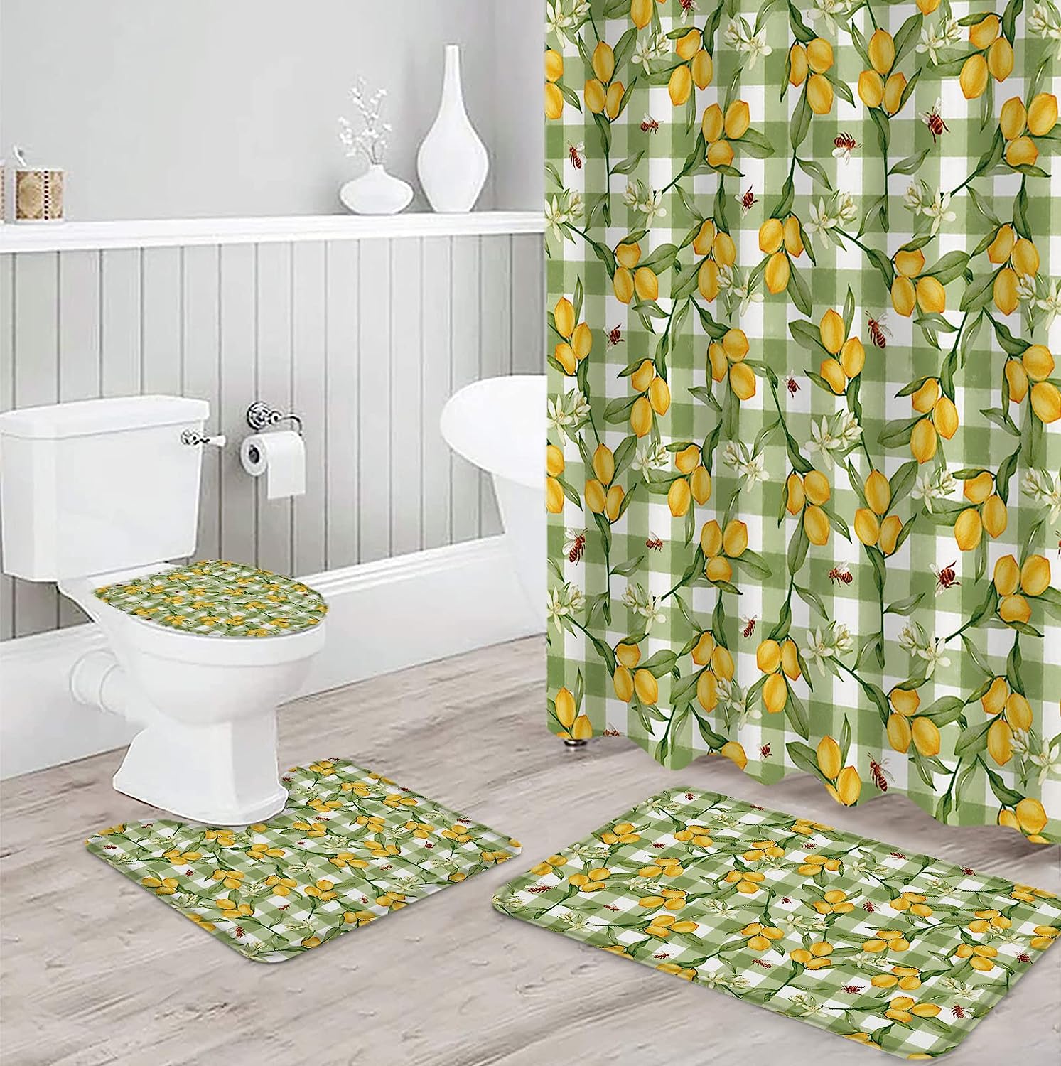 Lemon Leaves Green White Buffalo Plaid Vintage Shower Curtain