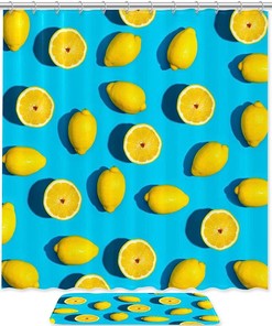 Lemon Pattern Blue Shower Curtain for Summer Bathroom Decor 
