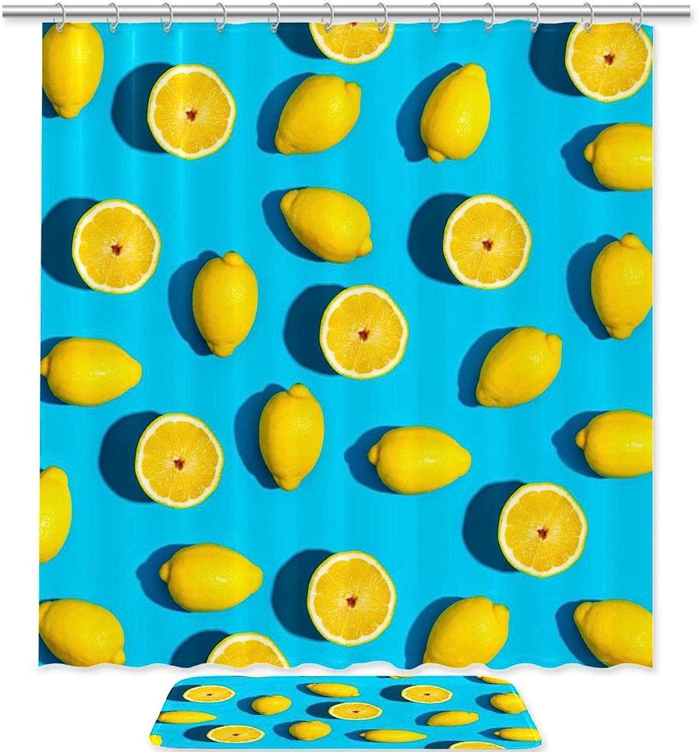 Lemon Pattern Blue Shower Curtain for Summer Bathroom Decor