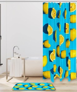 Lemon Pattern Blue Shower Curtain for Summer Bathroom Decor