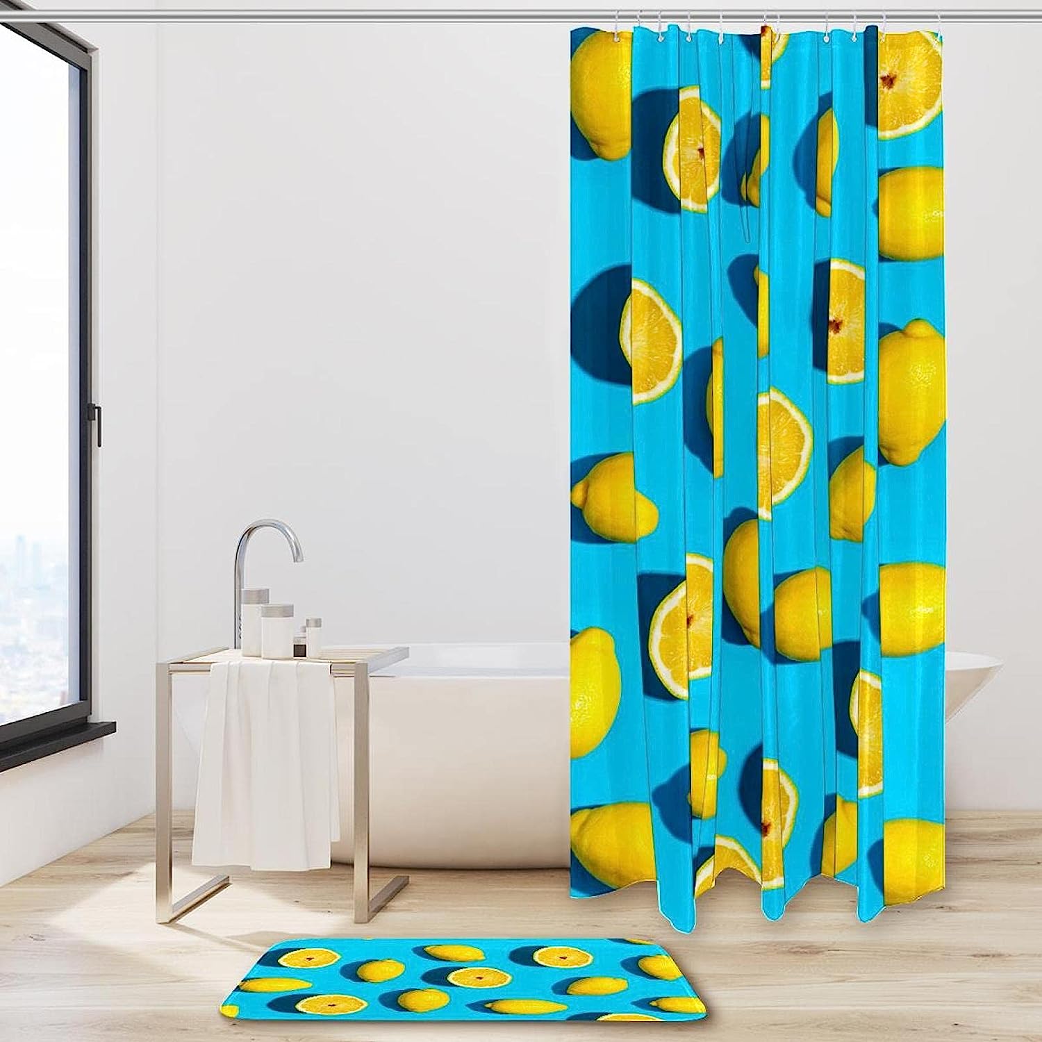 Lemon Pattern Blue Shower Curtain for Summer Bathroom Decor