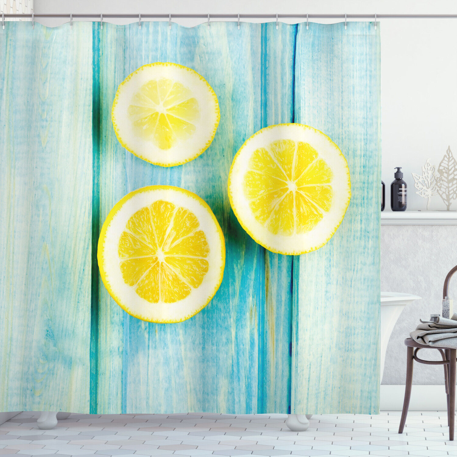 Lemon Shower Curtain - Juicy Slices Wood Print - Fresh Bathroom Decor