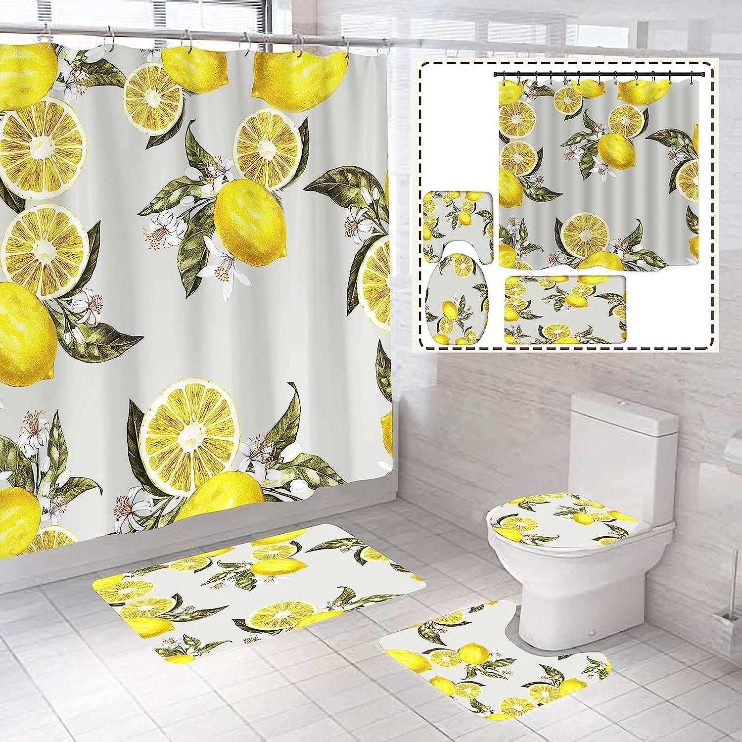 Lemon Theme Shower Curtain And Bathroom Decor Set With Fruitful Quotes
