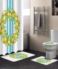 Lemon Wreath Blue Striped Shower Curtain for Bathroom with Country Touch
