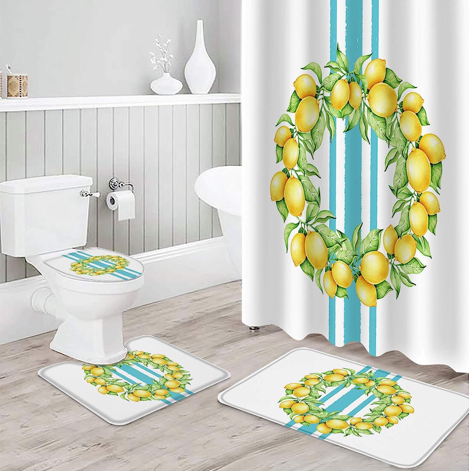 Lemon Wreath Blue Striped Shower Curtain for Bathroom with Country Touch