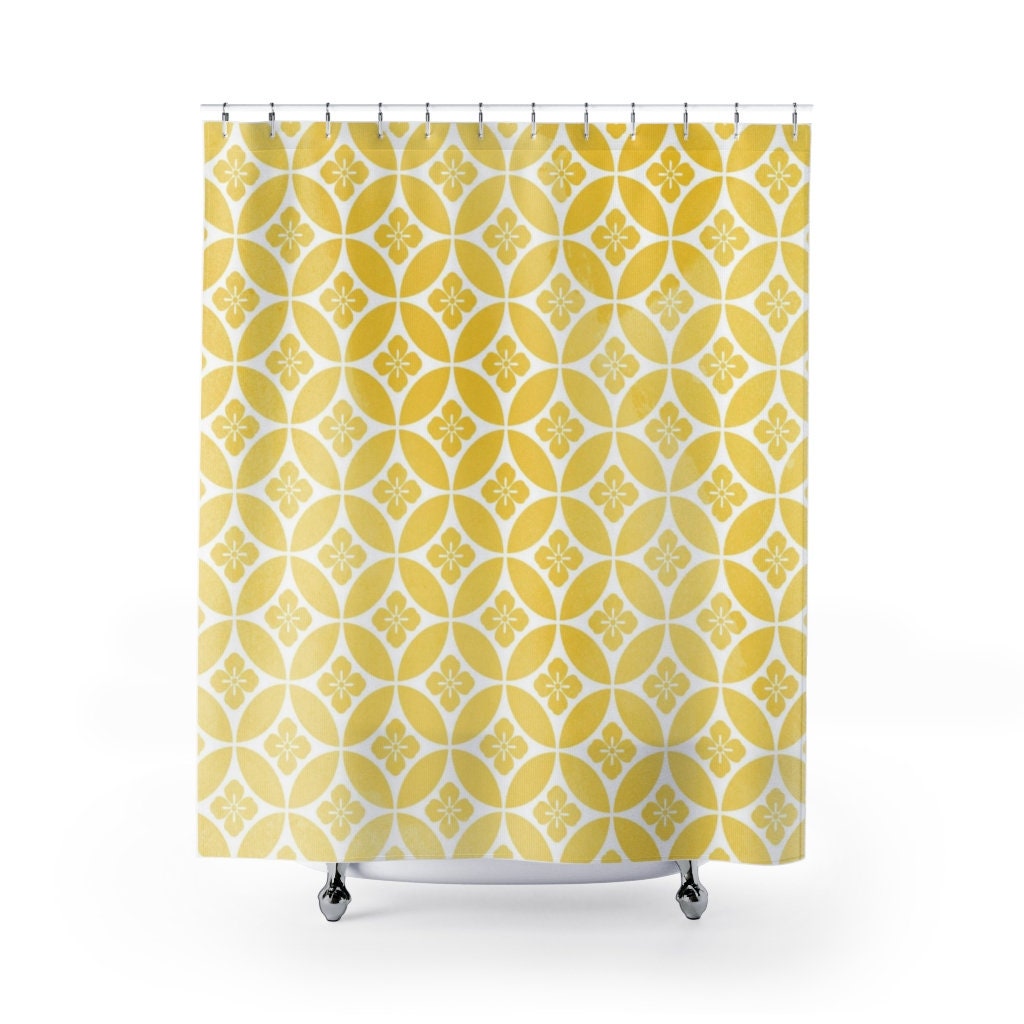 Lemon Yellow And Faded Tile Pattern Boho Shower Curtain Perfect For Bathroom Accessories