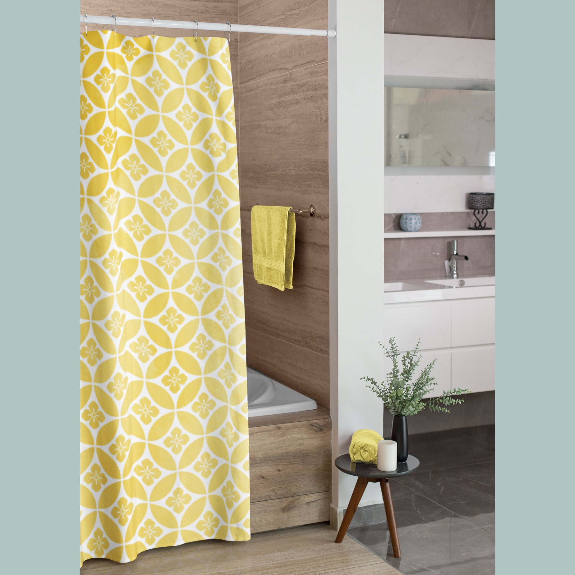 Lemon Yellow And Faded Tile Pattern Boho Shower Curtain Perfect For Bathroom Accessories - Image 2