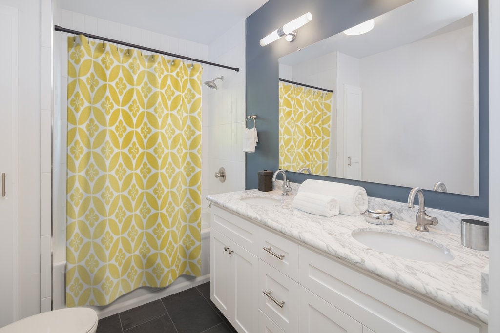 Lemon Yellow And Faded Tile Pattern Boho Shower Curtain Perfect For Bathroom Accessories - Image 3