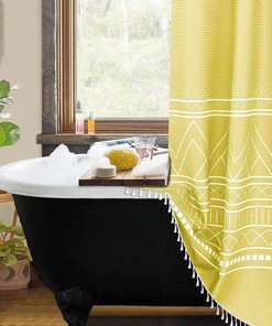 Lemon Yellow Boho Farmhouse Shower Curtain With Tassels, Modern Geometric Print Fabric, Water Repellent