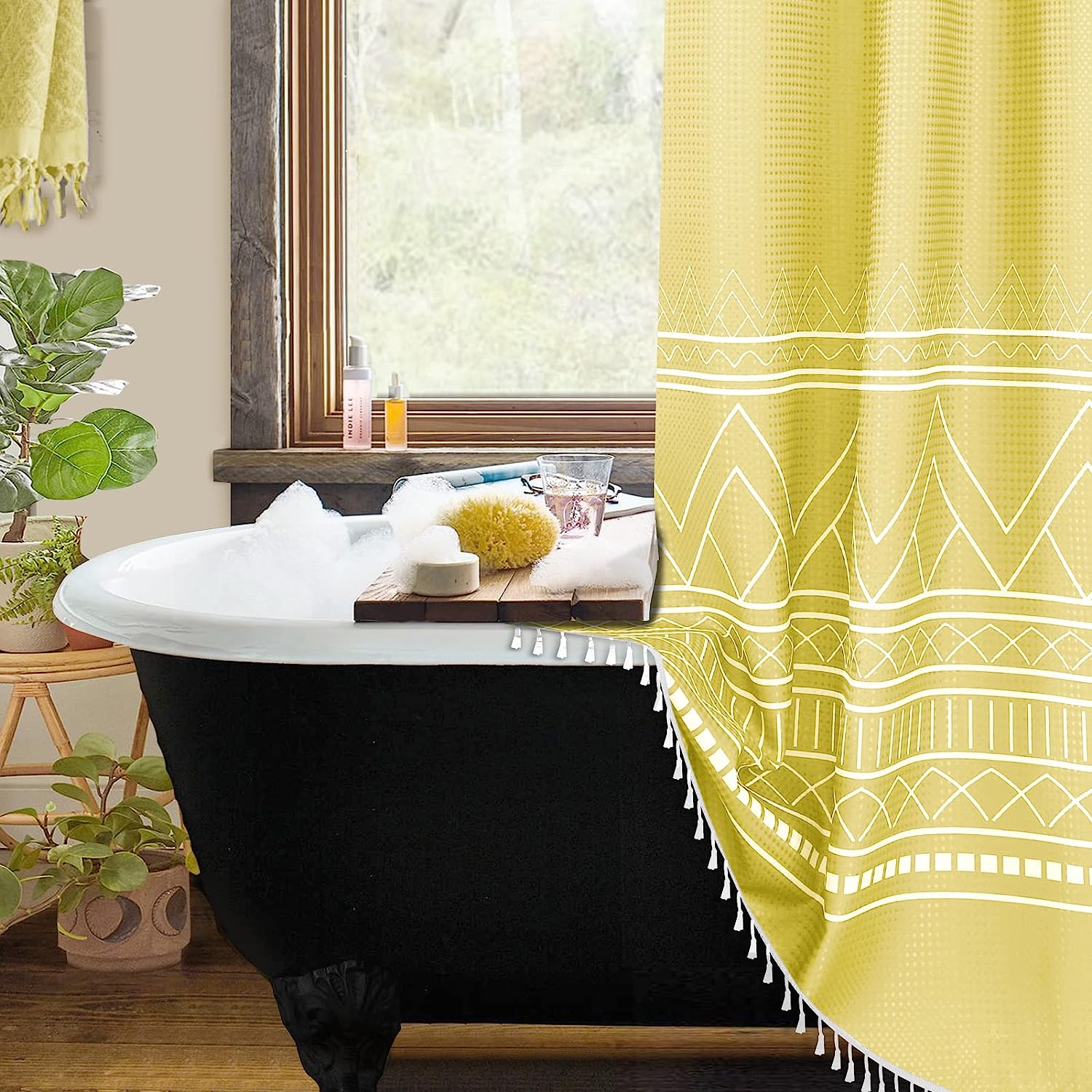 Lemon Yellow Boho Farmhouse Shower Curtain With Tassels, Modern Geometric Print Fabric, Water Repellent