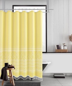 Lemon Yellow Boho Farmhouse Shower Curtain With Tassels, Modern Geometric Print Fabric, Water Repellent
