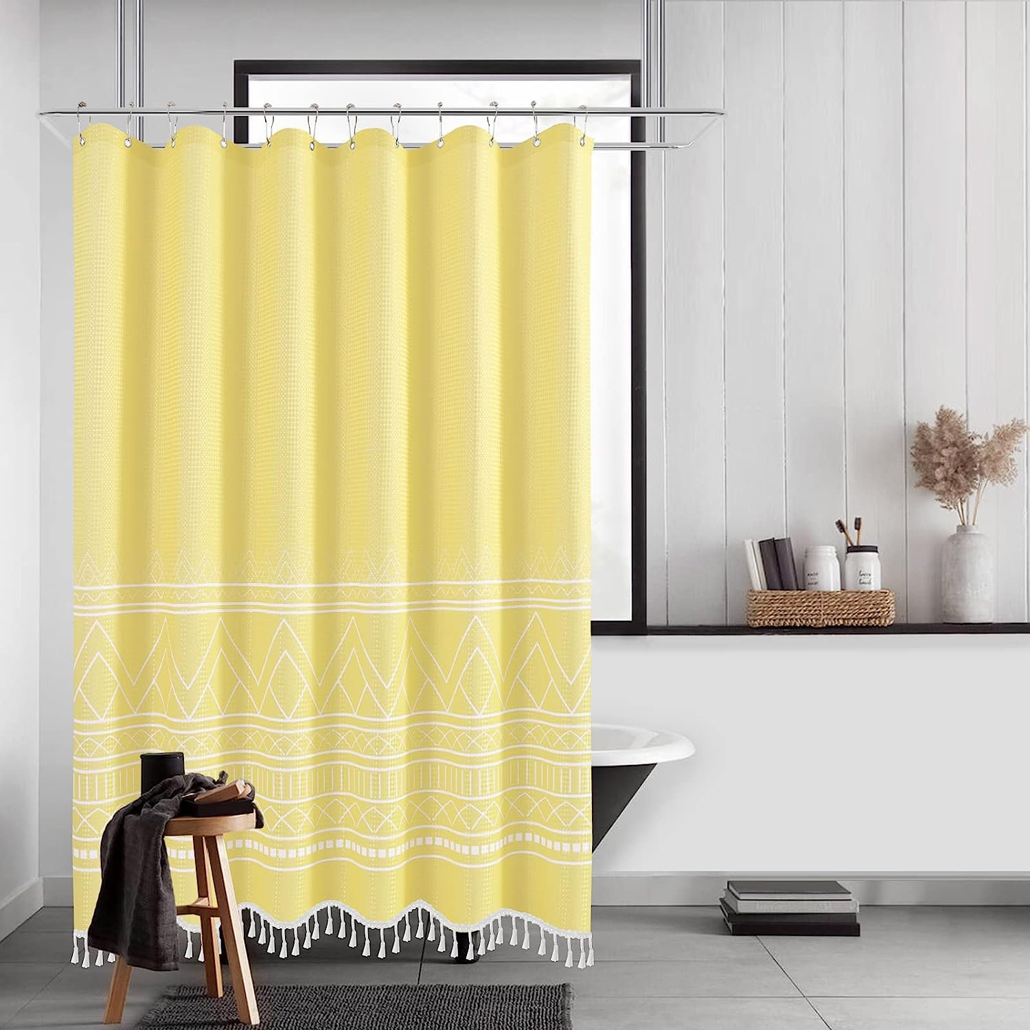 Lemon Yellow Boho Farmhouse Shower Curtain With Tassels, Modern Geometric Print Fabric, Water Repellent