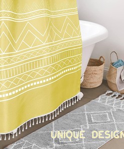 Lemon Yellow Boho Farmhouse Shower Curtain With Tassels, Modern Geometric Print Fabric, Water Repellent