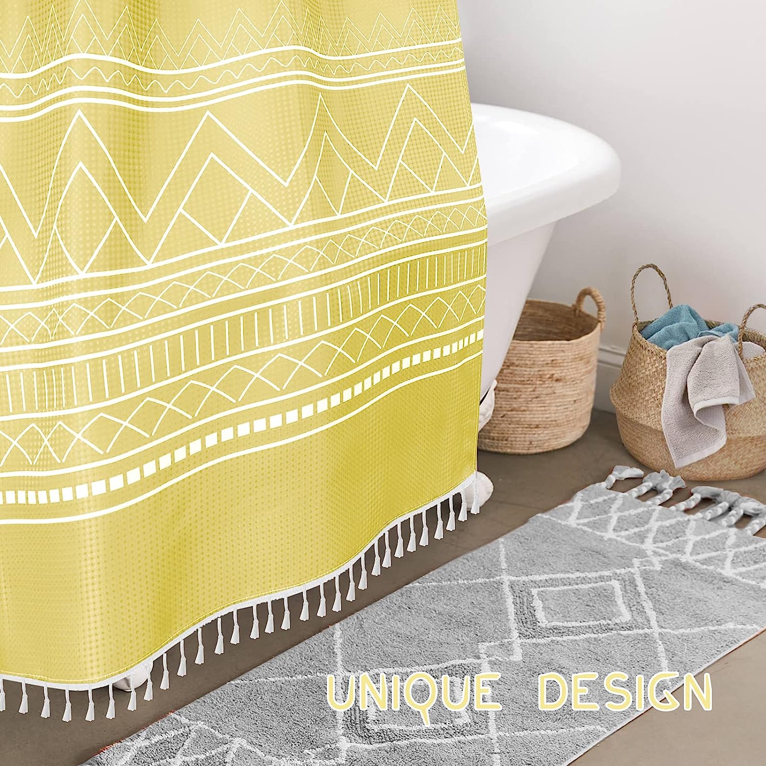 Lemon Yellow Boho Farmhouse Shower Curtain With Tassels, Modern Geometric Print Fabric, Water Repellent