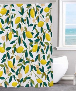 Lemon and Green Leaves Shower Curtain with Cute and Colorful Design for Modern Bathroom Decoration