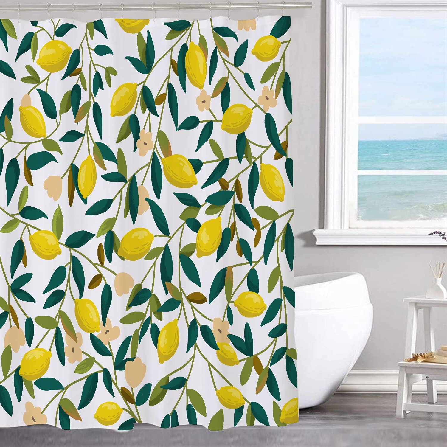 Lemon and Green Leaves Shower Curtain with Cute and Colorful Design for Modern Bathroom Decoration