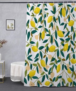 Lemon and Green Leaves Shower Curtain with Cute and Colorful Design for Modern Bathroom Decoration