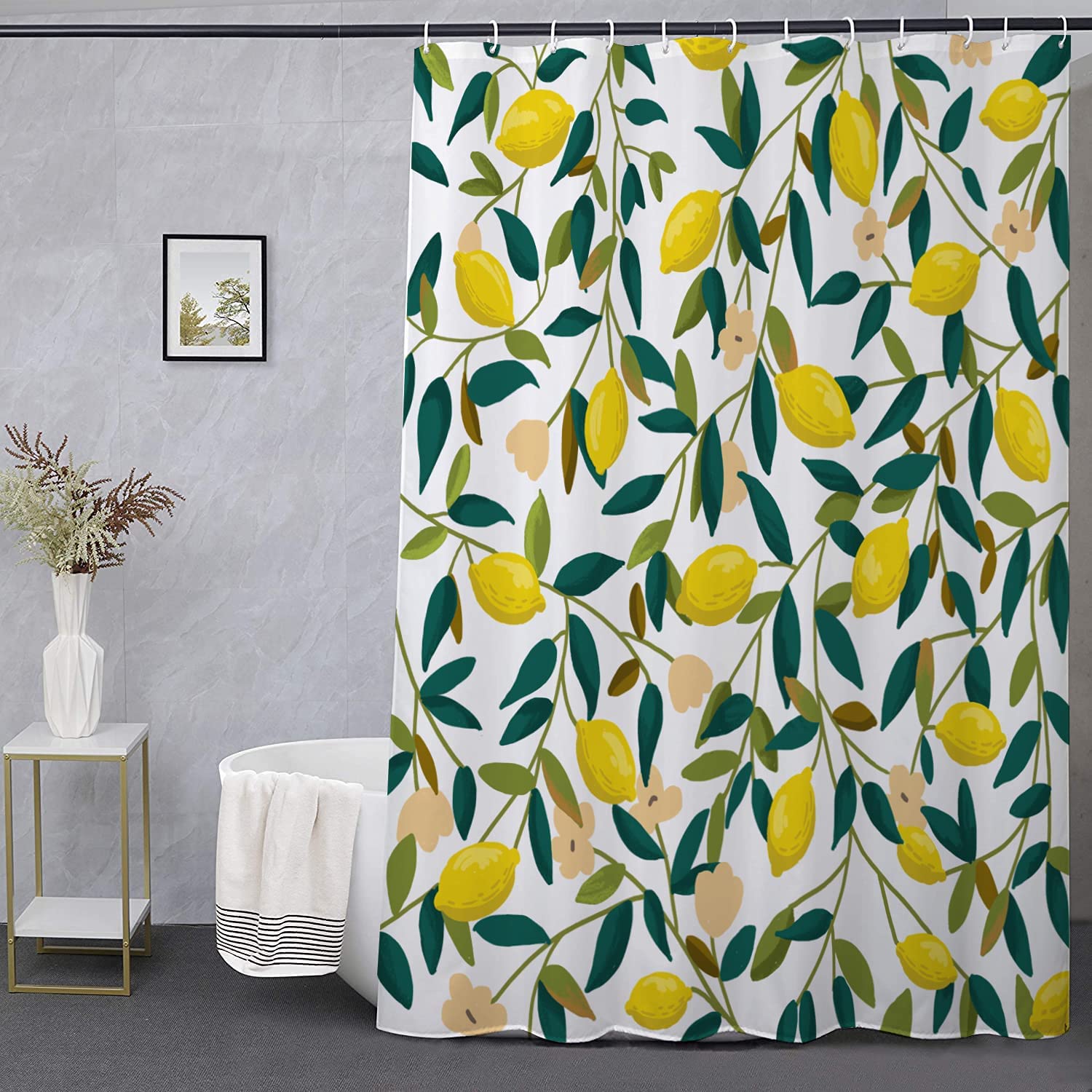 Lemon and Green Leaves Shower Curtain with Cute and Colorful Design for Modern Bathroom Decoration