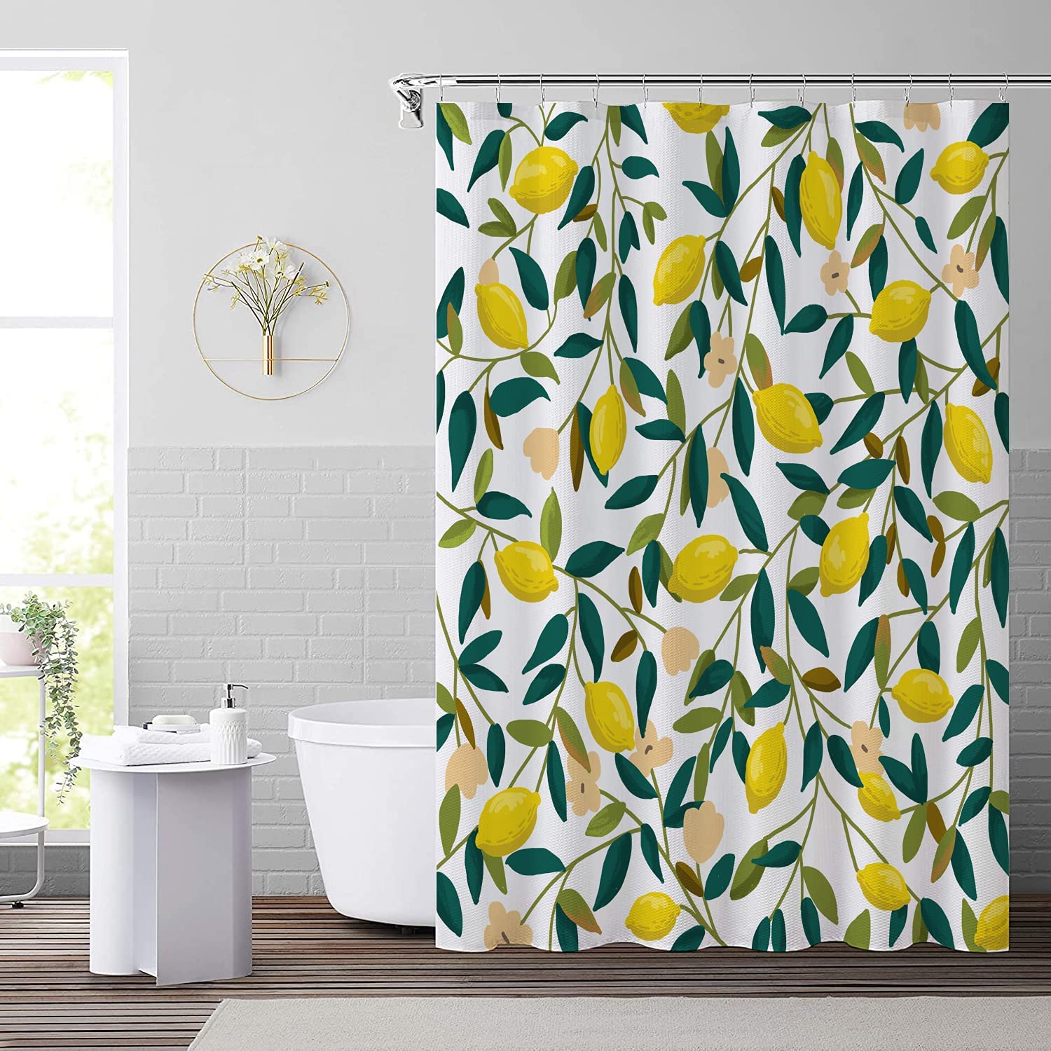 Lemon and Green Leaves Shower Curtain with Cute and Colorful Design for Modern Bathroom Decoration