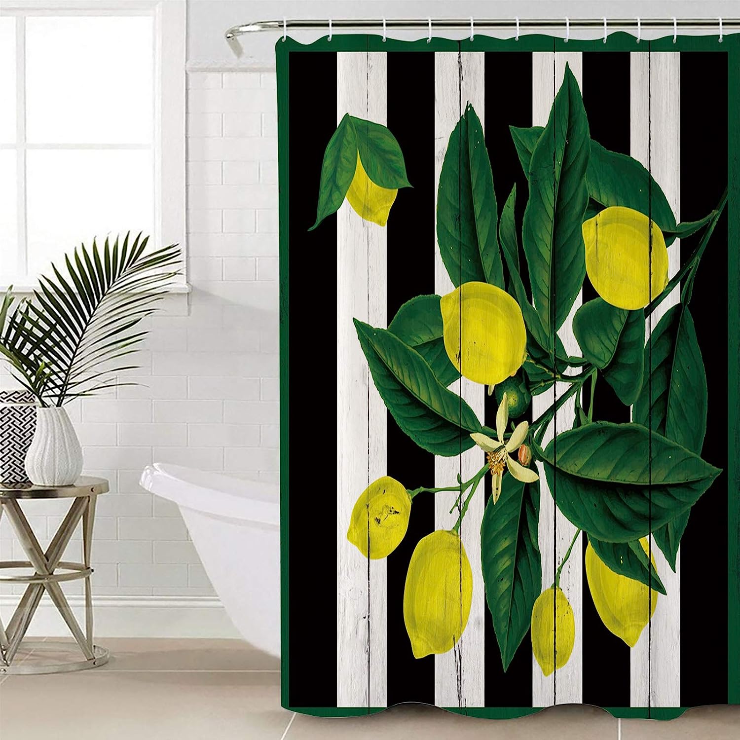 Lemon on Striped Wood Grain Decorative Shower Curtain for a Refreshing Bathroom