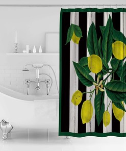 Lemon on Striped Wood Grain Decorative Shower Curtain for a Refreshing Bathroom