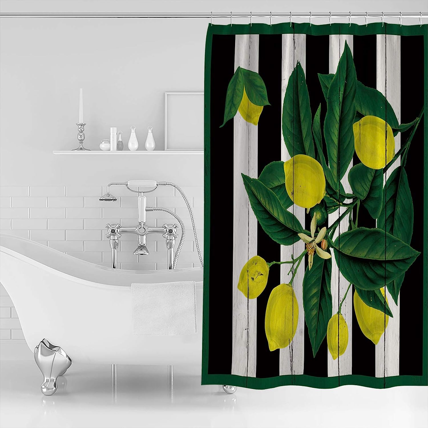 Lemon on Striped Wood Grain Decorative Shower Curtain for a Refreshing Bathroom