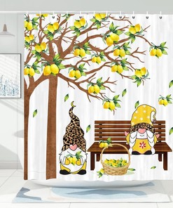 Lemon with Gnome on Bench Summer Shower Curtain for a Sunny Bathroom