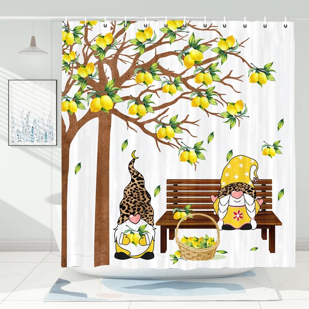 Lemon with Gnome on Bench Summer Shower Curtain for a Sunny Bathroom