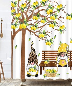 Lemon with Gnome on Bench Summer Shower Curtain for a Sunny Bathroom
