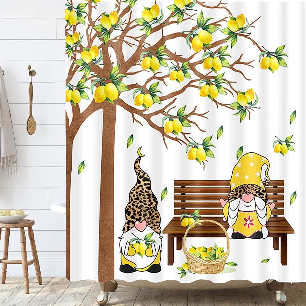 Lemon with Gnome on Bench Summer Shower Curtain for a Sunny Bathroom