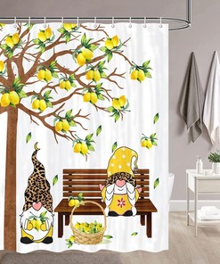 Lemon with Gnome on Bench Summer Shower Curtain for a Sunny Bathroom