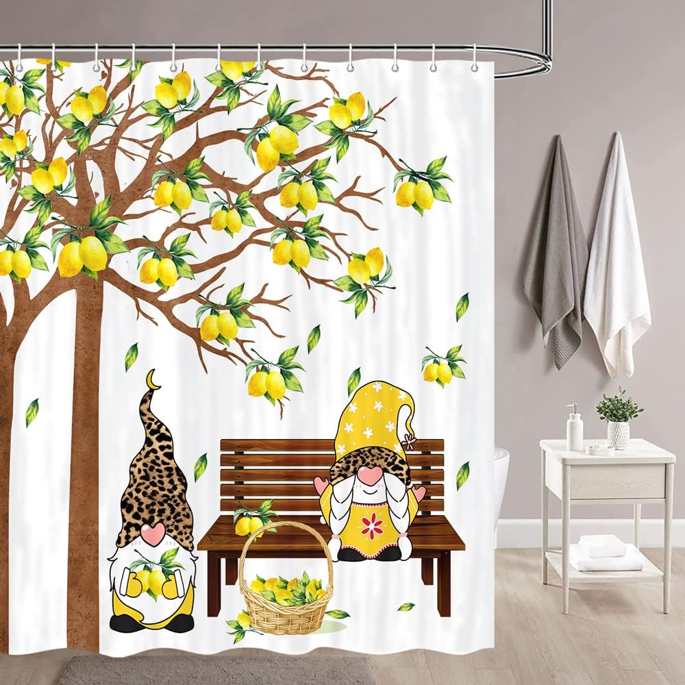 Lemon with Gnome on Bench Summer Shower Curtain for a Sunny Bathroom