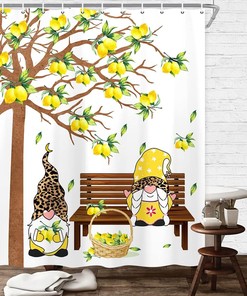 Lemon with Gnome on Bench Summer Shower Curtain for a Sunny Bathroom