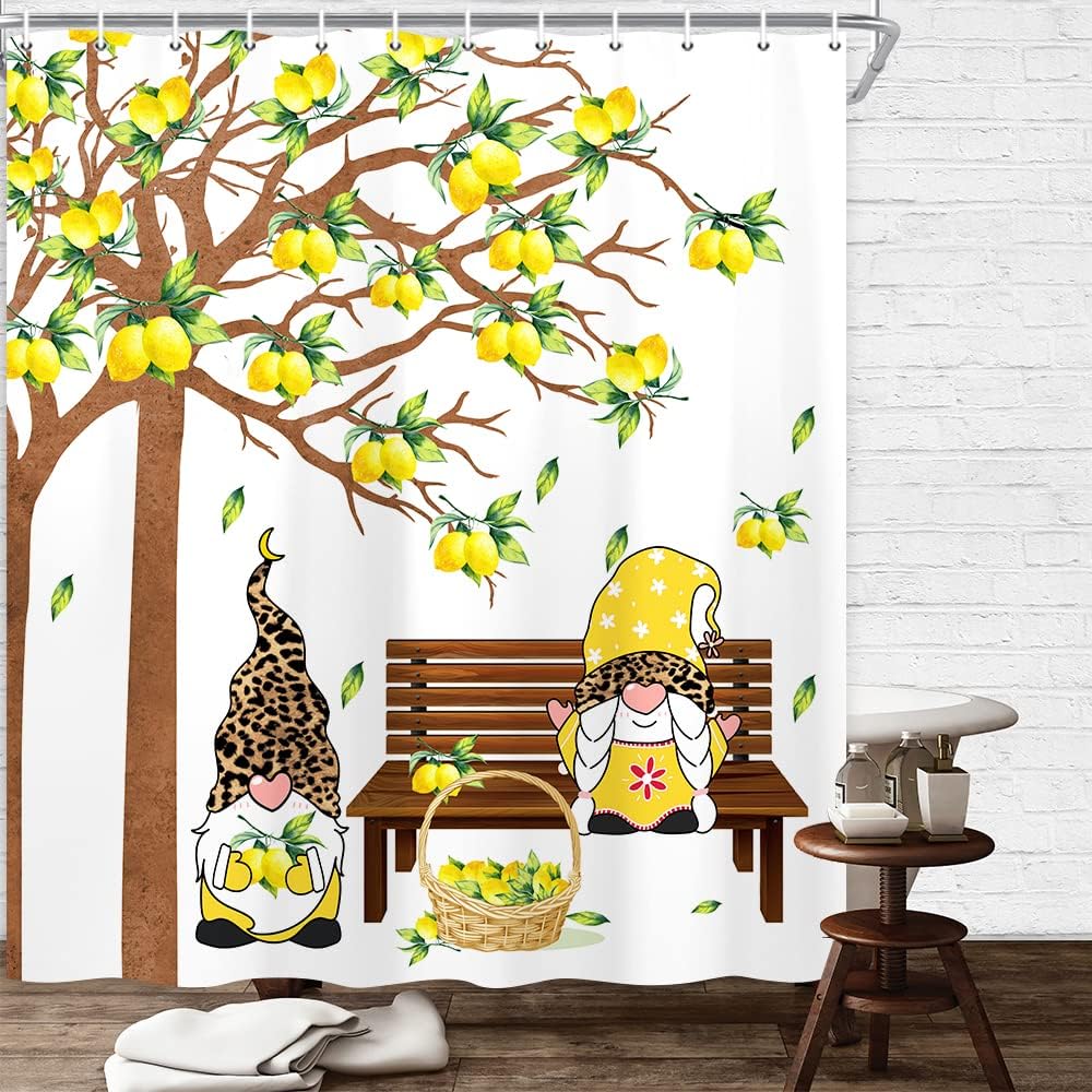 Lemon with Gnome on Bench Summer Shower Curtain for a Sunny Bathroom