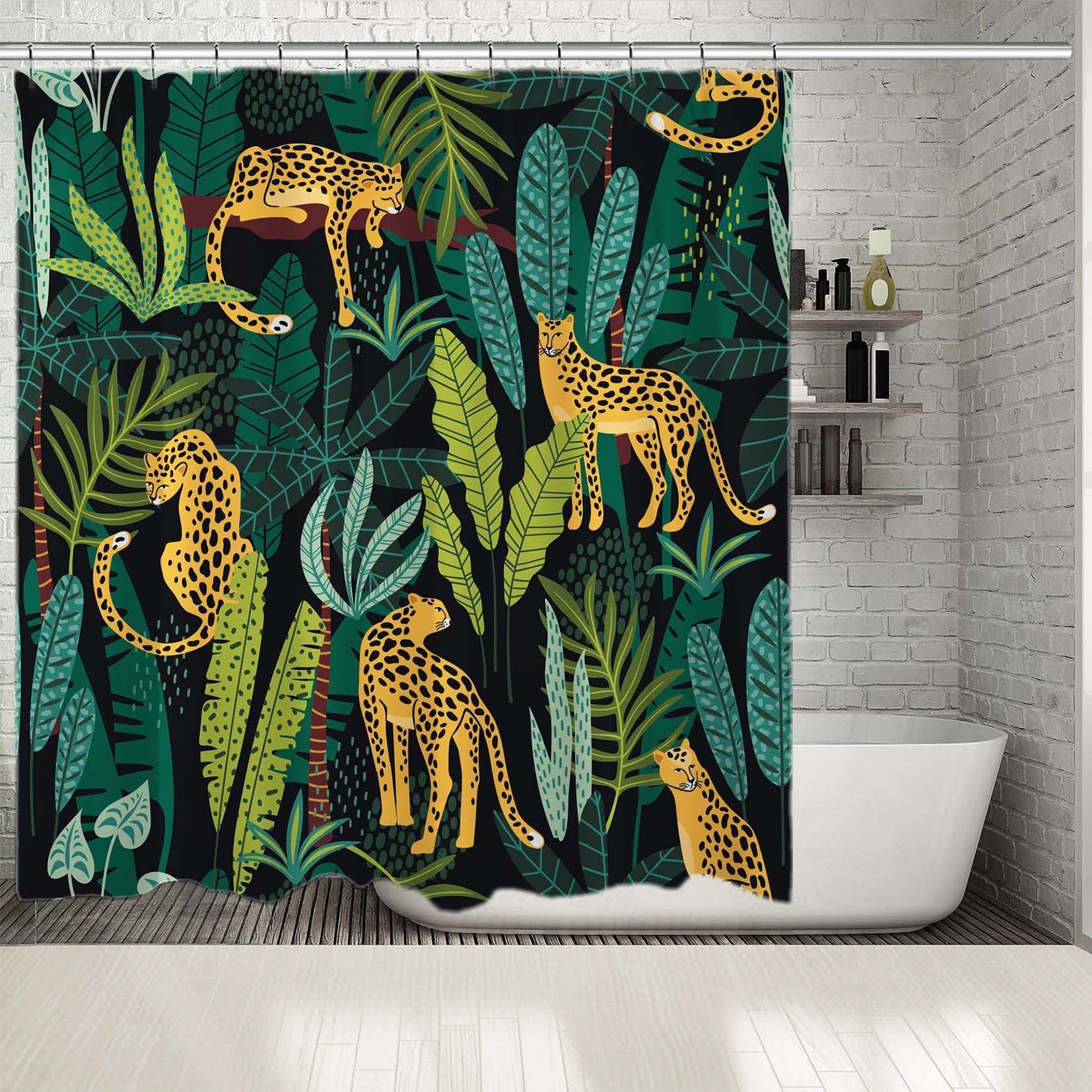 Leopard And Tropical Forest Print Shower Curtain For Bathroom Decor - Image 2