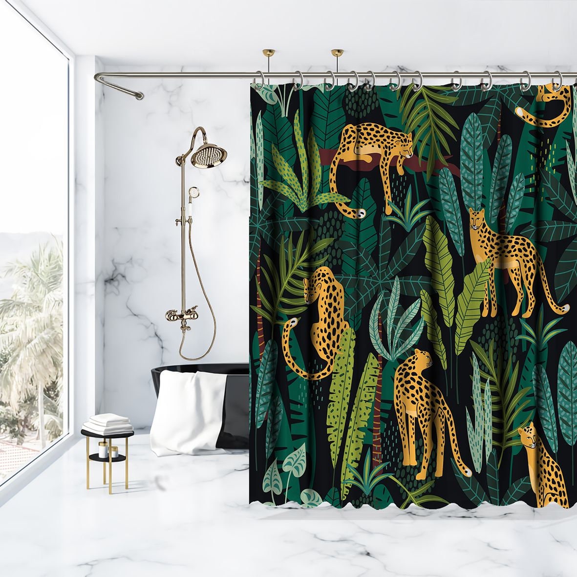 Leopard And Tropical Forest Print Shower Curtain For Bathroom Decor - Image 3
