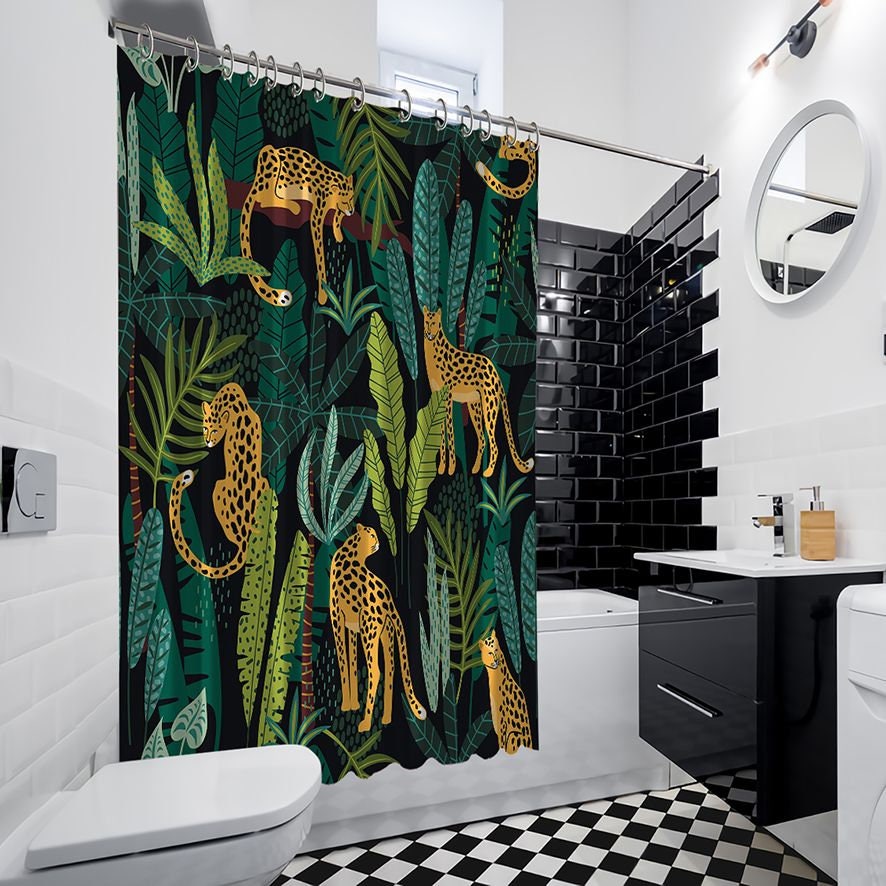 Leopard And Tropical Forest Print Shower Curtain For Bathroom Decor - Image 4