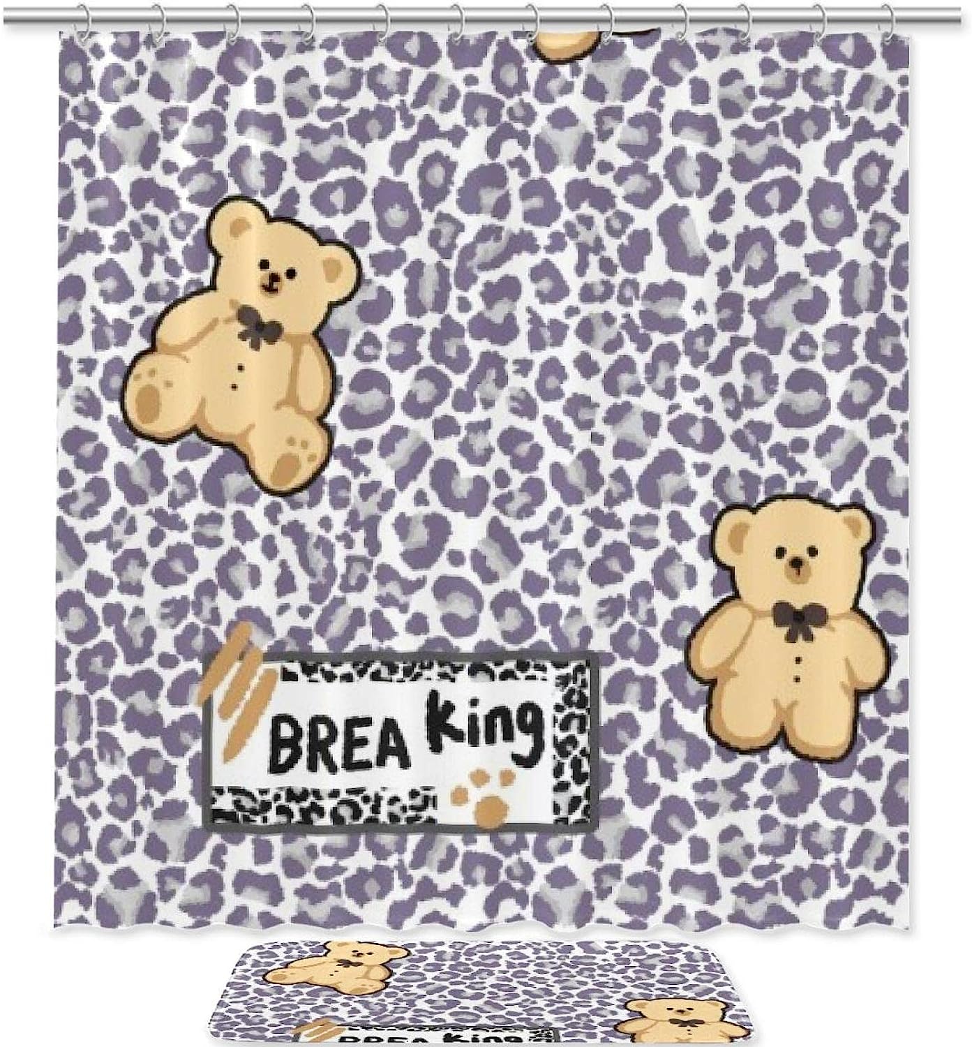 Leopard Bear Printed Bathroom Tub Set With Waterproof Fabric Shower Curtain