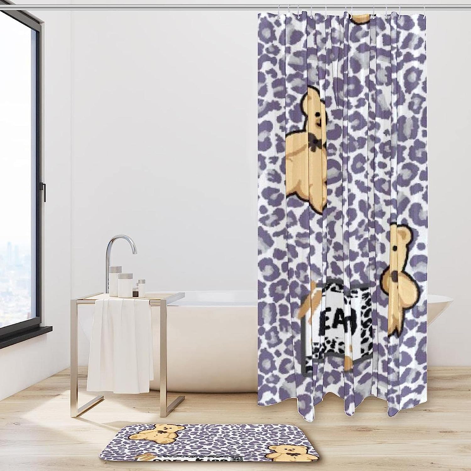 Leopard Bear Printed Bathroom Tub Set With Waterproof Fabric Shower Curtain - Image 2