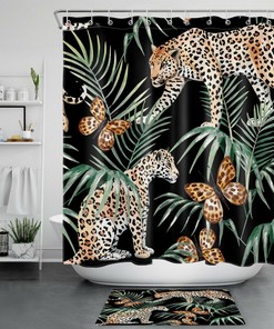 Leopard Butterfly and Palm Leaf Shower Curtain - Wildlife Bathroom Decor