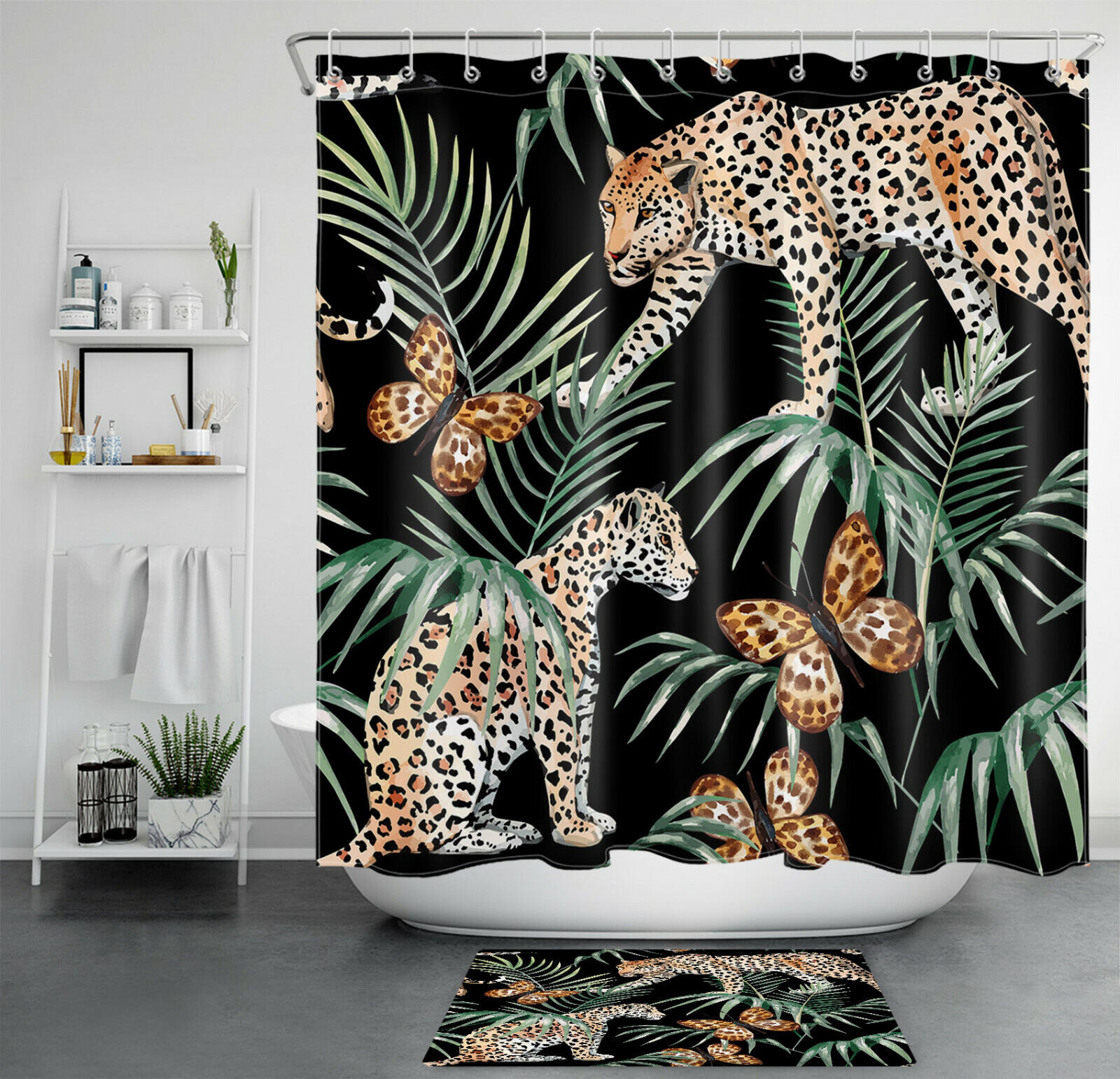 Leopard Butterfly and Palm Leaf Shower Curtain - Wildlife Bathroom Decor