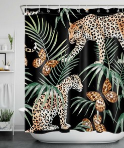 Leopard Butterfly and Palm Leaf Shower Curtain - Wildlife Bathroom Decor