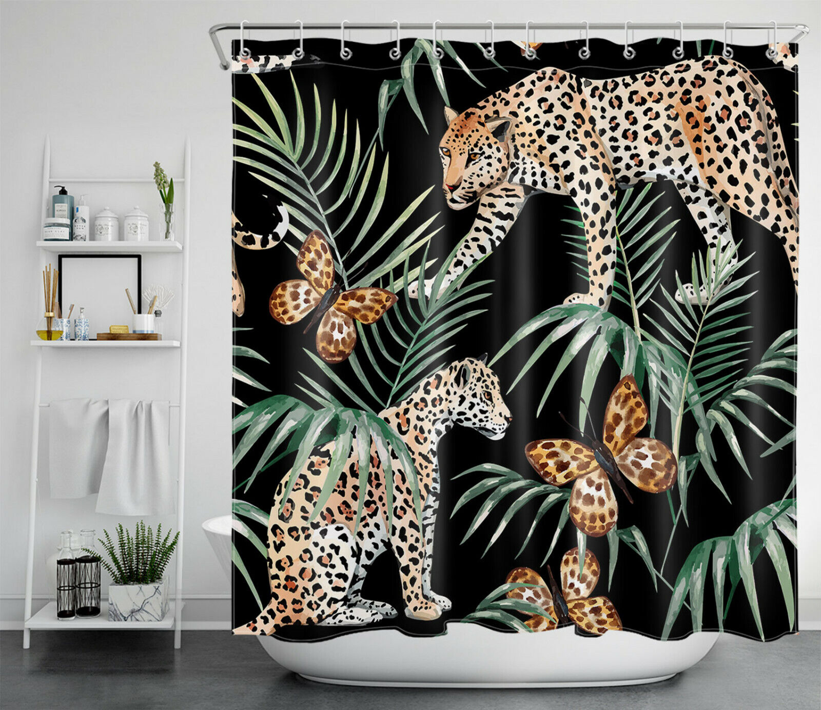 Leopard Butterfly and Palm Leaf Shower Curtain - Wildlife Bathroom Decor
